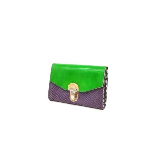 portefeuille en cuir verni vert et violet