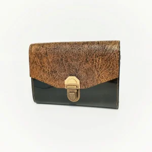 portefeuille en cuir verni noir et marron doré