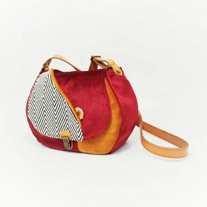 sac bandoulière velours rouge et moutarde bobinensac