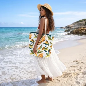 Grand cabas/Sac de plage coton "Toucan"