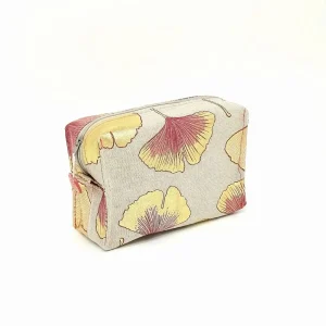 trousse de toilette lin et fleur de gingko rose et or
