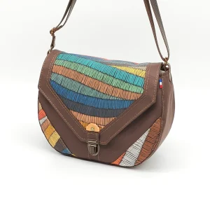Sac bandoulière Suzette en toile marron chocolat et rabat wax multicolore fait main – Bobinensac