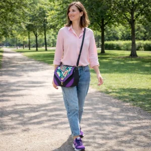 Sac bandoulière Suzette en toile noire et violet avec rabat feuillage coloré vieux rose prune et vert fait main – Bobinensac