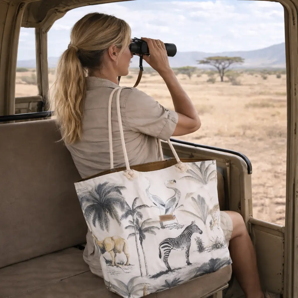 sac de plage XXL safari coton imprimé zèbre et girafe avec doublure marron et poche zippée intérieure